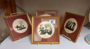 4 framed and glazed miniature silhouette scenes 17cm x 17cm