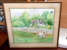 A watercolour of a thatched cottage and horses, Signed Olivia Woodward 53cm x 48cm COLLECT ONLY