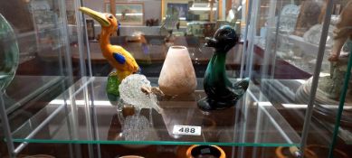 A Crown Staffordshire bird figure, vase, duck and glass pig