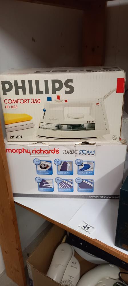 Morphy Richards and Phillips irons, a tidy line retractable clothes line, grill and pudding steamer - Image 2 of 5