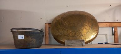 A Victorian brass jam pan and an Indian engraved brass gong COLLECT ONLY