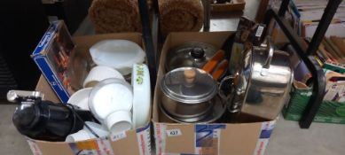 2 boxes of kitchenalia including scales, saucepans etc COLLECT ONLY