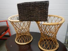Two cane stools (missing tops) and a wicker basket, COLLECT ONLY.