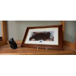 A black Coalport cat figure and a framed and glazed black cat picture