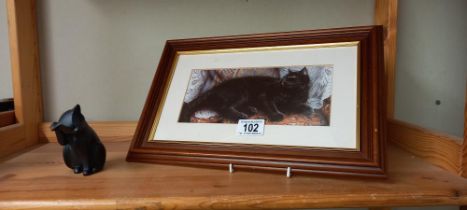 A black Coalport cat figure and a framed and glazed black cat picture