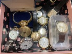 A box of assorted watches including Smiths pocket watch, Tissot, Accurist etc