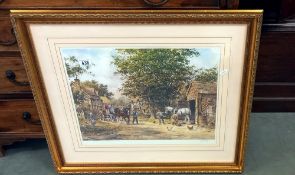 A gilt framed and glazed farmyard and shire horse print by JL Chapman 69cm x 61cm COLLECT ONLY