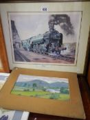 A framed and glazed railway print and an unframed painting. COLLECT ONLY.