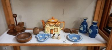 2 old Wedgwood vases, cottage ware teapot, wooden items etc
