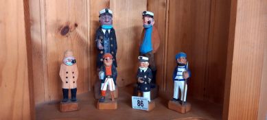 6 carved wooden sailors etc