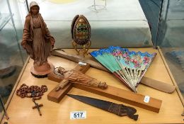 A mixed lot of wooden items including crucifix, shoe horn etc