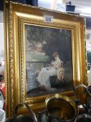 A gilt framed study of a lady in a garden, COLLECT ONLY.