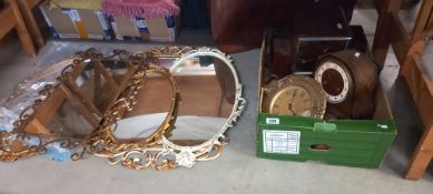 A quantity of brass framed mirrors some a/f, 2 mantle clocks and quantity of brass items