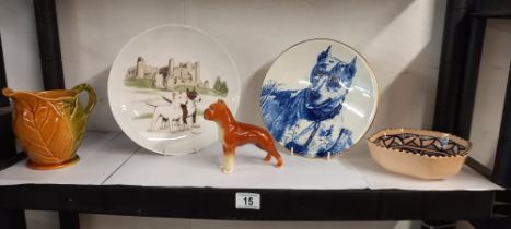 2 collectors plates of bull terriers, a figure of a bull dog, a leaf design jug and a bowl