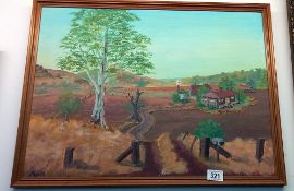 A painting on board of a farm building COLLECT ONLY