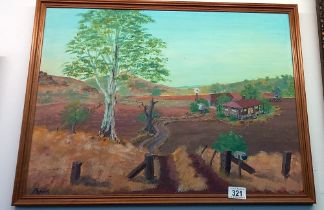 A painting on board of a farm building COLLECT ONLY