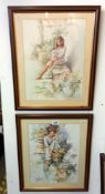 A pair of stylish framed and glazed prints of ladies in continental surroundings COLLECT ONLY
