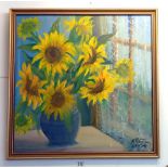 A mid 20th century gilt framed painting of sunflowers, signed but indistinct. COLLECT ONLY