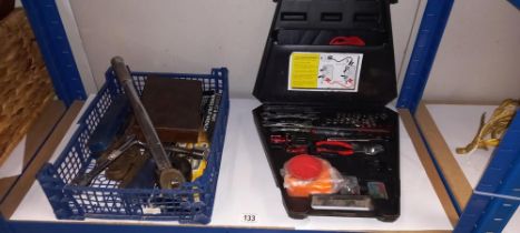 A cased auto tool kit, alarms, charger and a good lot of Auto workshop tools including torque wrench