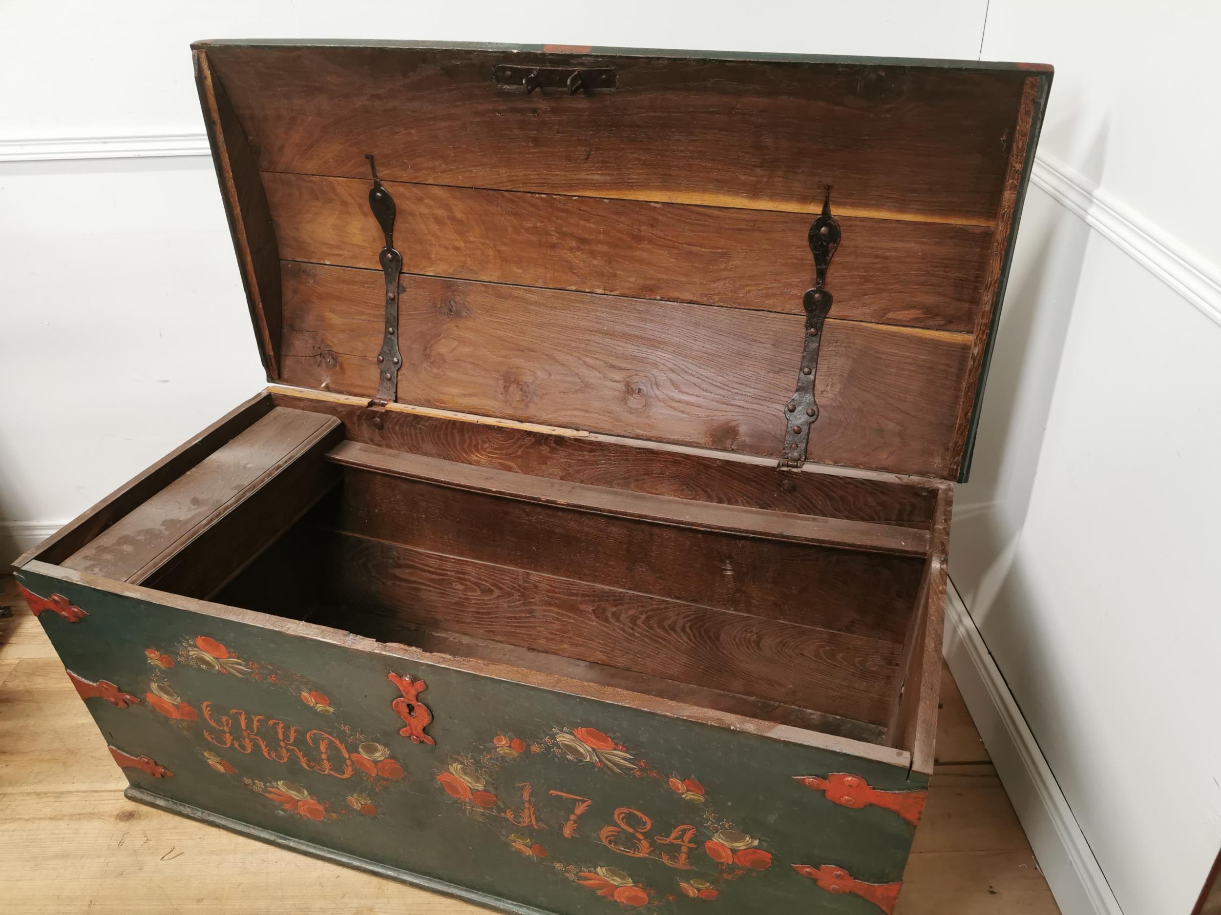 19th. C. Danish painted oak dome topped metal bound Marriage trunk G.K.K.D 1749 { 67cm H X 140cm W X - Image 4 of 5