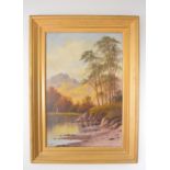 Oil on canvas Lake scene signed F. Lynne mounted in gilt frame{97cm H x 70cm W}.