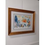 Marc Chagall coloured print 'Four Seasons' 15/99 mounted in gilt frame {68 cm H x 80 cm W}.