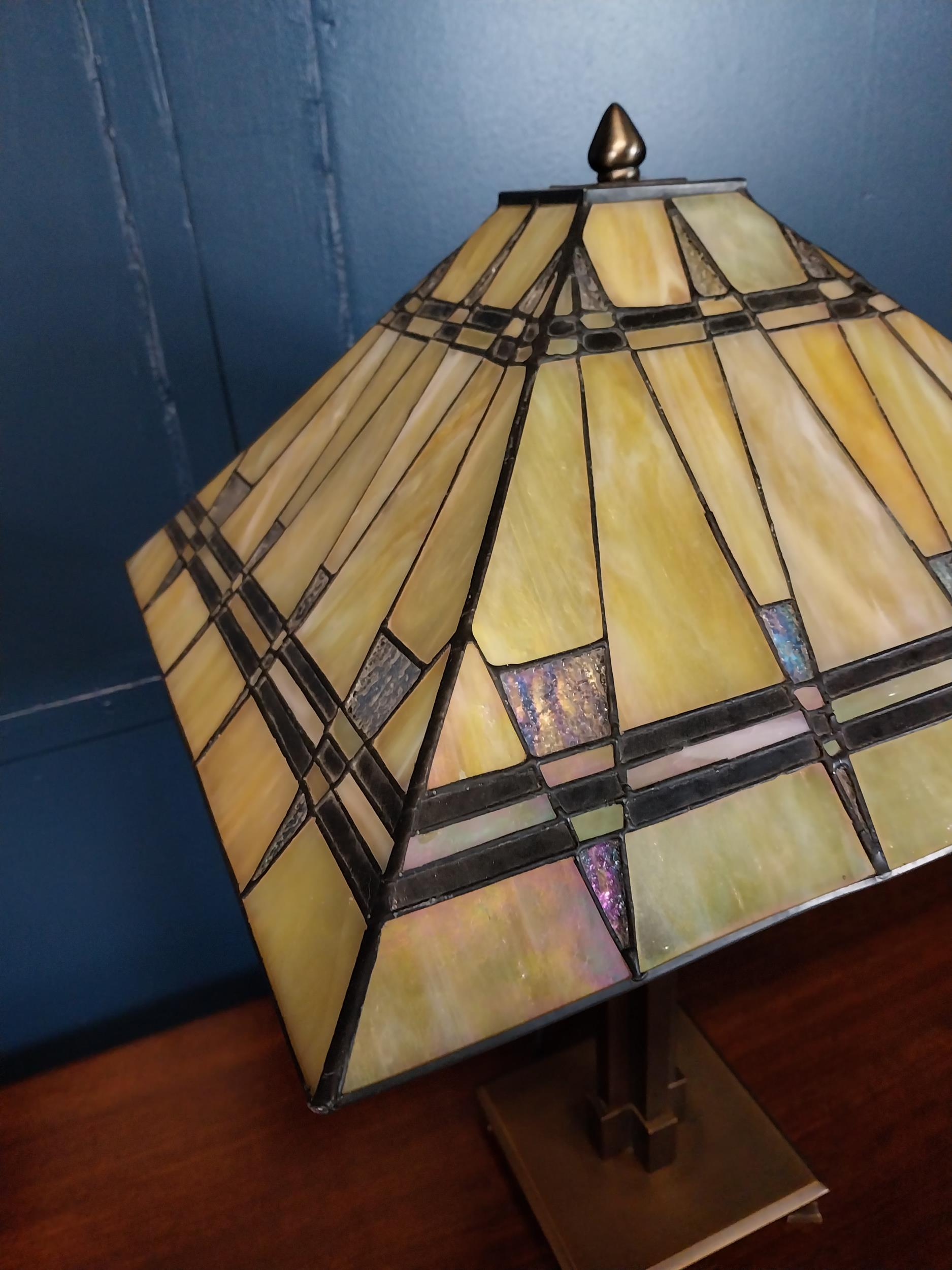 Pair of bronzed metal table lamps with stained glass leaded shades in the Art Deco style {61 cm H - Image 3 of 4