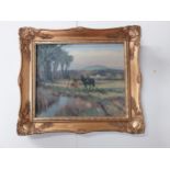 Oil on canvas depicting horses mounted in gilt frame {35 cm H x 40 cm W}.