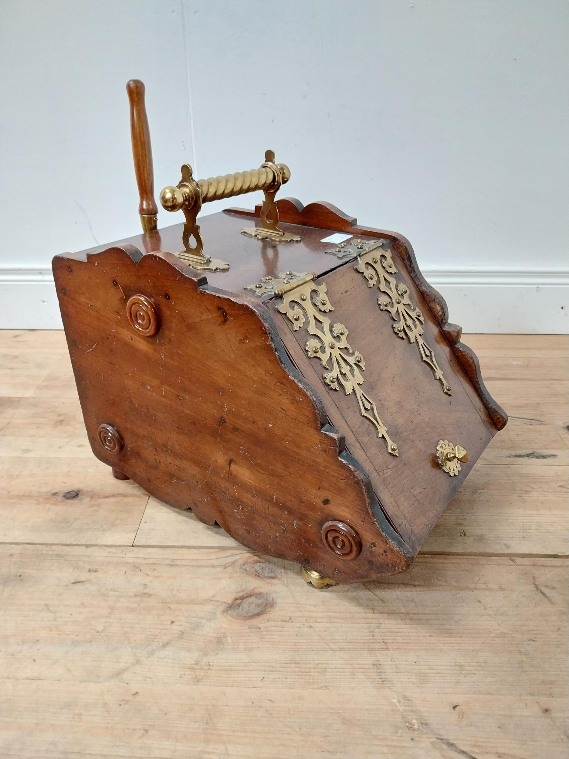 Edwardian mahogany and brass mounted coal scuttle {54 cm H x 32 cm W x 48 cm D}. - Image 2 of 5