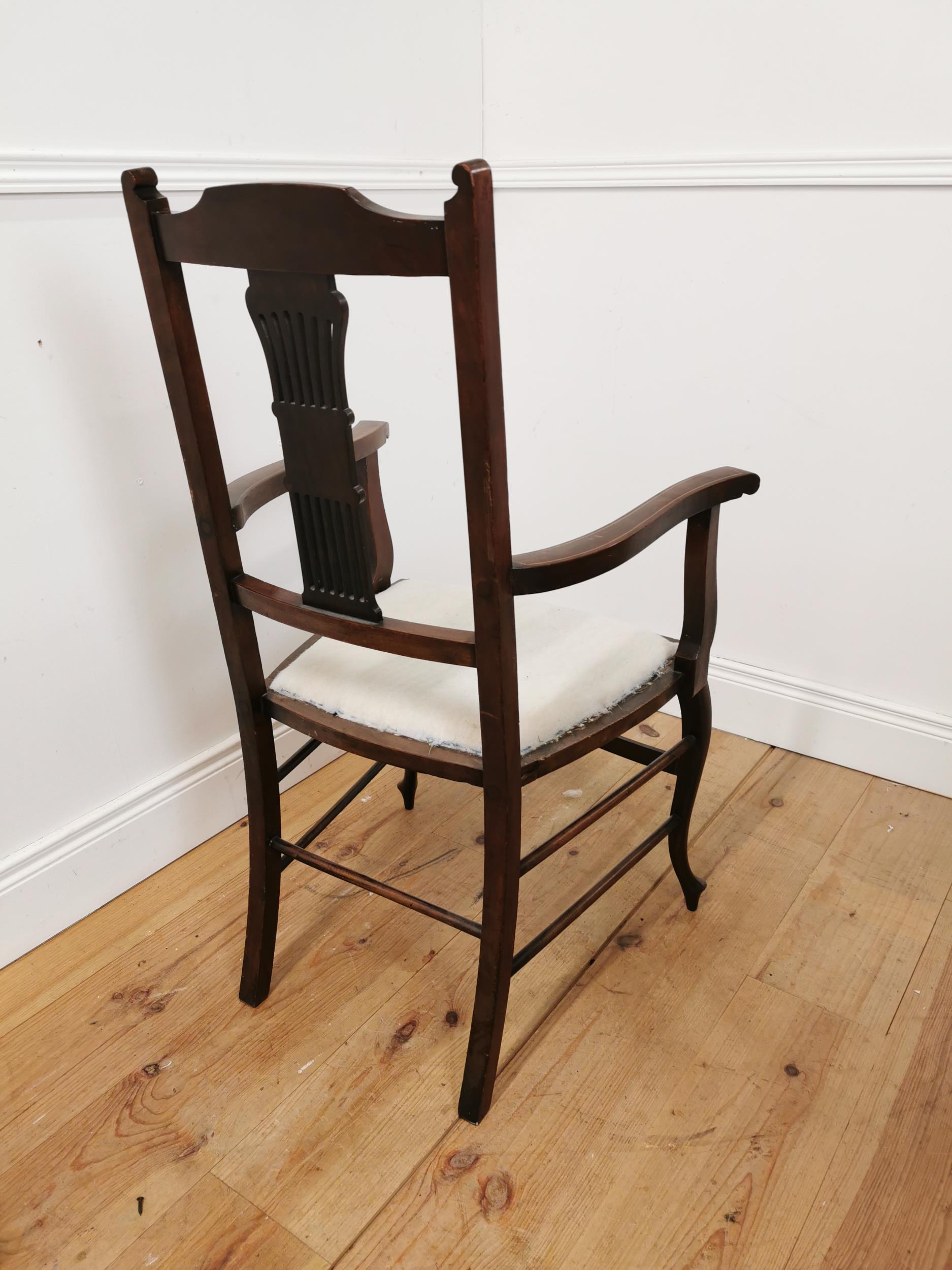 Edwardian inlaid mahogany open armchair raised on cabriole legs { 100cm H X 60cm W X 50cm D }. - Image 3 of 3