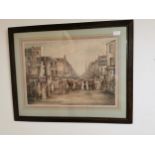 Early 20th C. water colour mounted in oak frame - French street scene .{57 cm H x 70 cm W}.