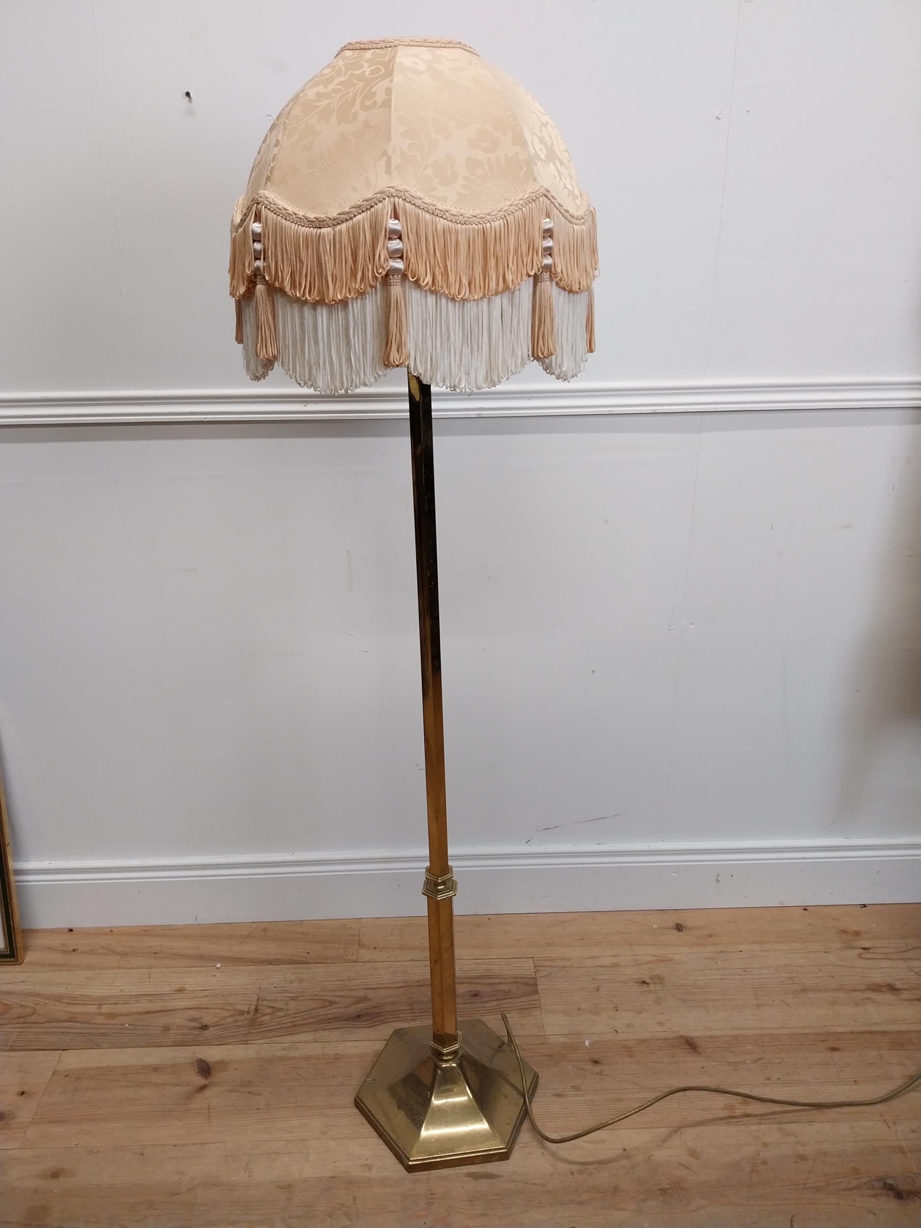 Edwardian brass standard lamp with cloth shade {140 cm H x 40 cm Dia.}.