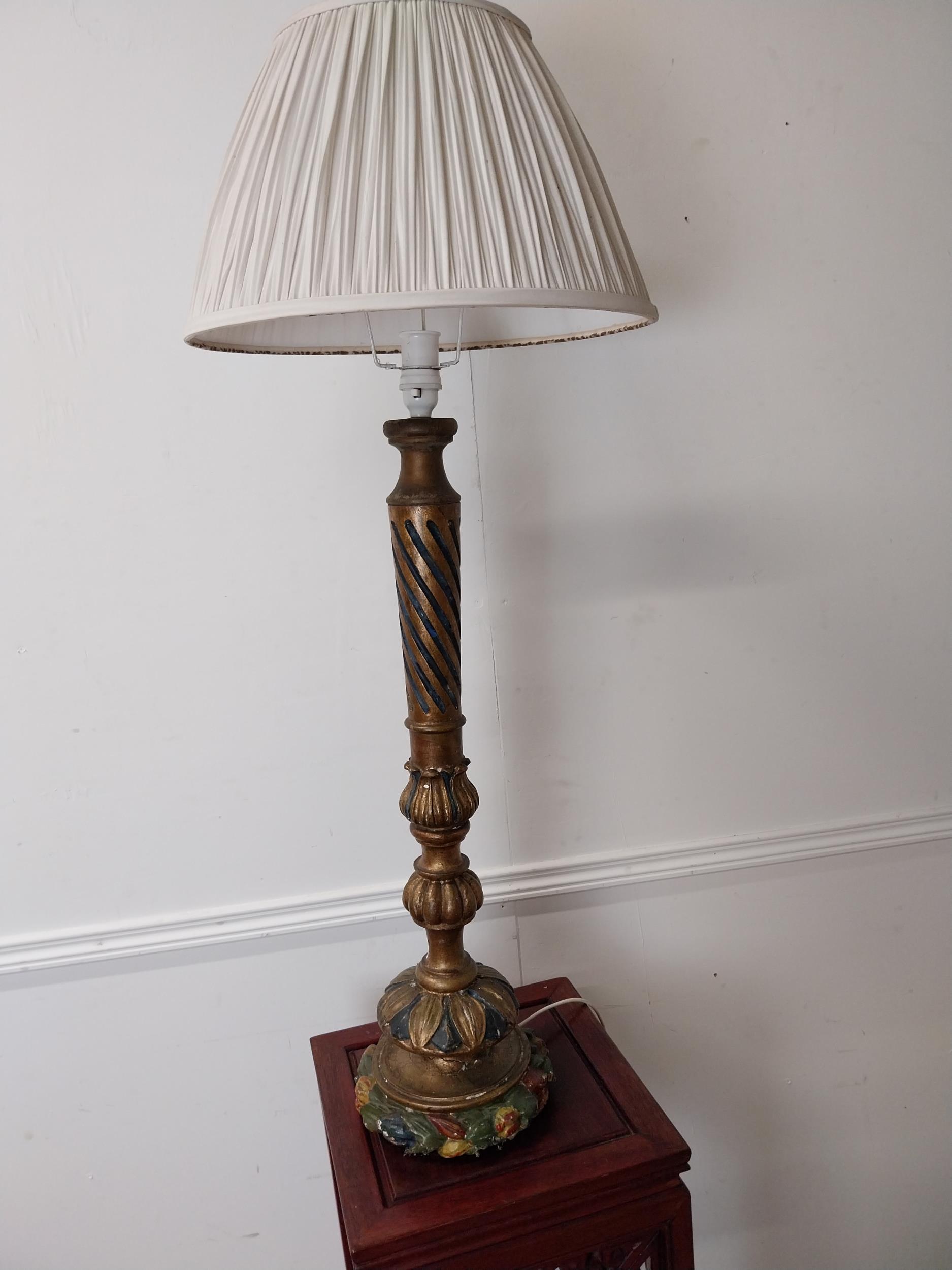 Italian gilt and painted pine table lamp with cloth shade {102 cm H x 40 cm Dia.}.