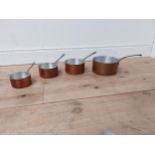 Exceptional quality set of four graduated copper and brass saucepans {10 cm H 24 cm W x 13 cm D to