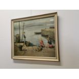 Harbour Scene coloured print mounted in frame. {55 cm H x 64 cm W}.