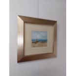 Orla Burns Seaside scene oil on board mounted in gilt frame {58 cm H x 61 cm W overall size}.