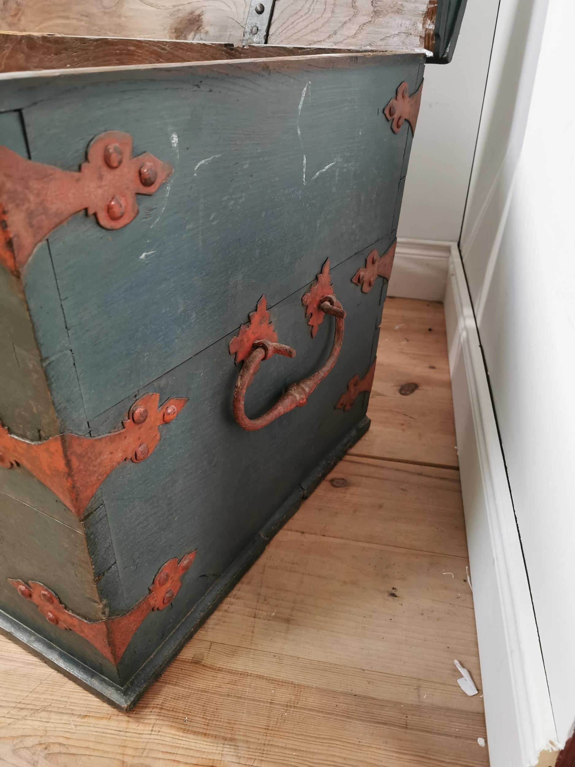 19th. C. Danish painted oak dome topped metal bound Marriage trunk G.K.K.D 1749 { 67cm H X 140cm W X - Image 5 of 5