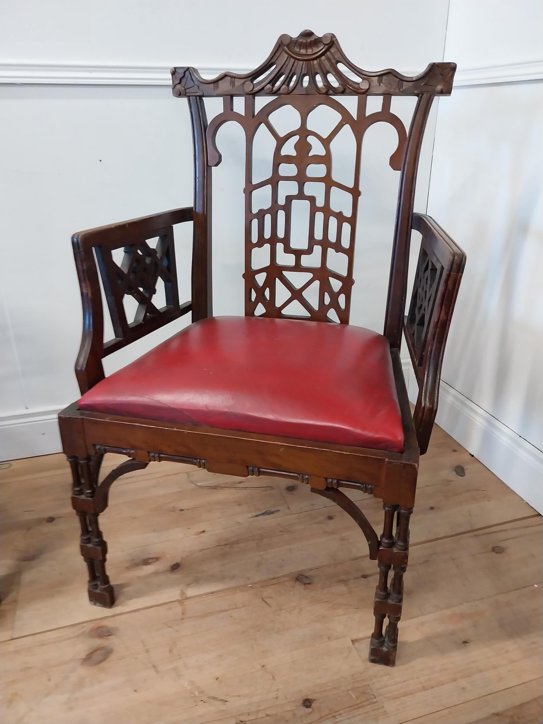 Pair of carved mahogany Chinese Chippendale style armchairs with inset leather seats {105cm H x 78cm - Image 3 of 5