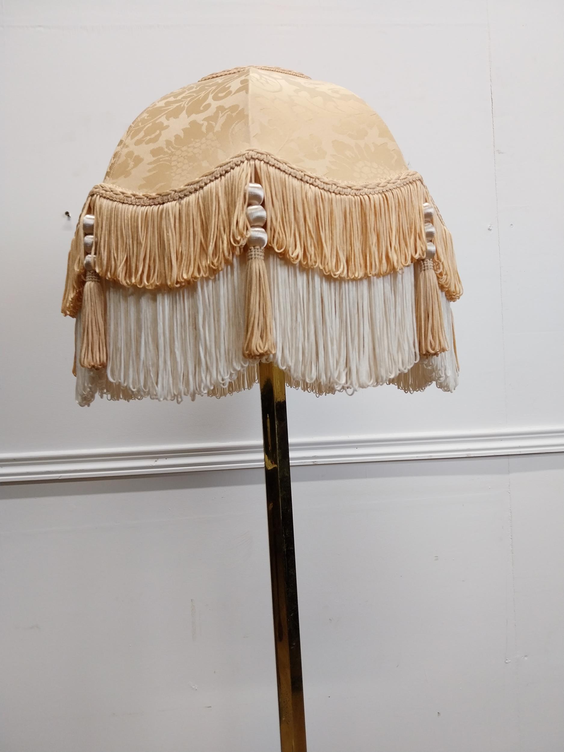 Edwardian brass standard lamp with cloth shade {140 cm H x 40 cm Dia.}. - Image 3 of 3