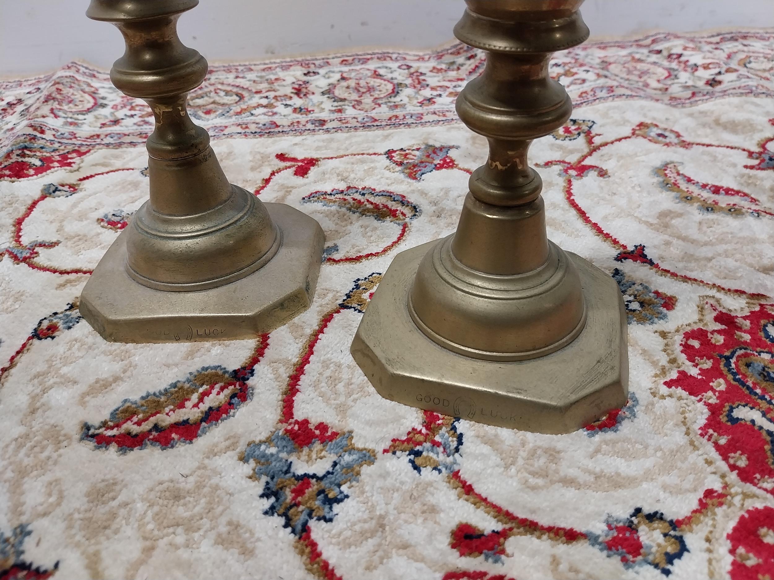 Pair of brass candlesticks {29 cm H x 10 cm W x 10 cm D}. - Image 3 of 3