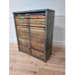 1940s bank of printers drawers by Cefmor of London surrounded by metal casing {108 cm H x 91 cm W