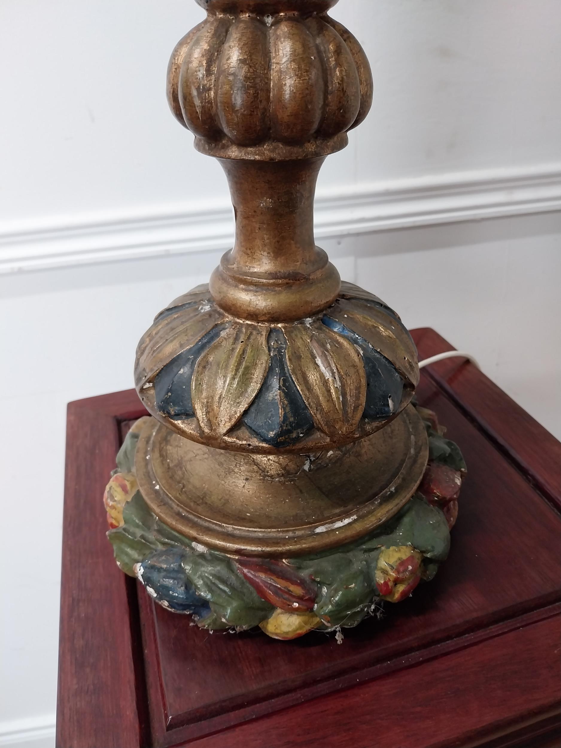 Italian gilt and painted pine table lamp with cloth shade {102 cm H x 40 cm Dia.}. - Image 2 of 3