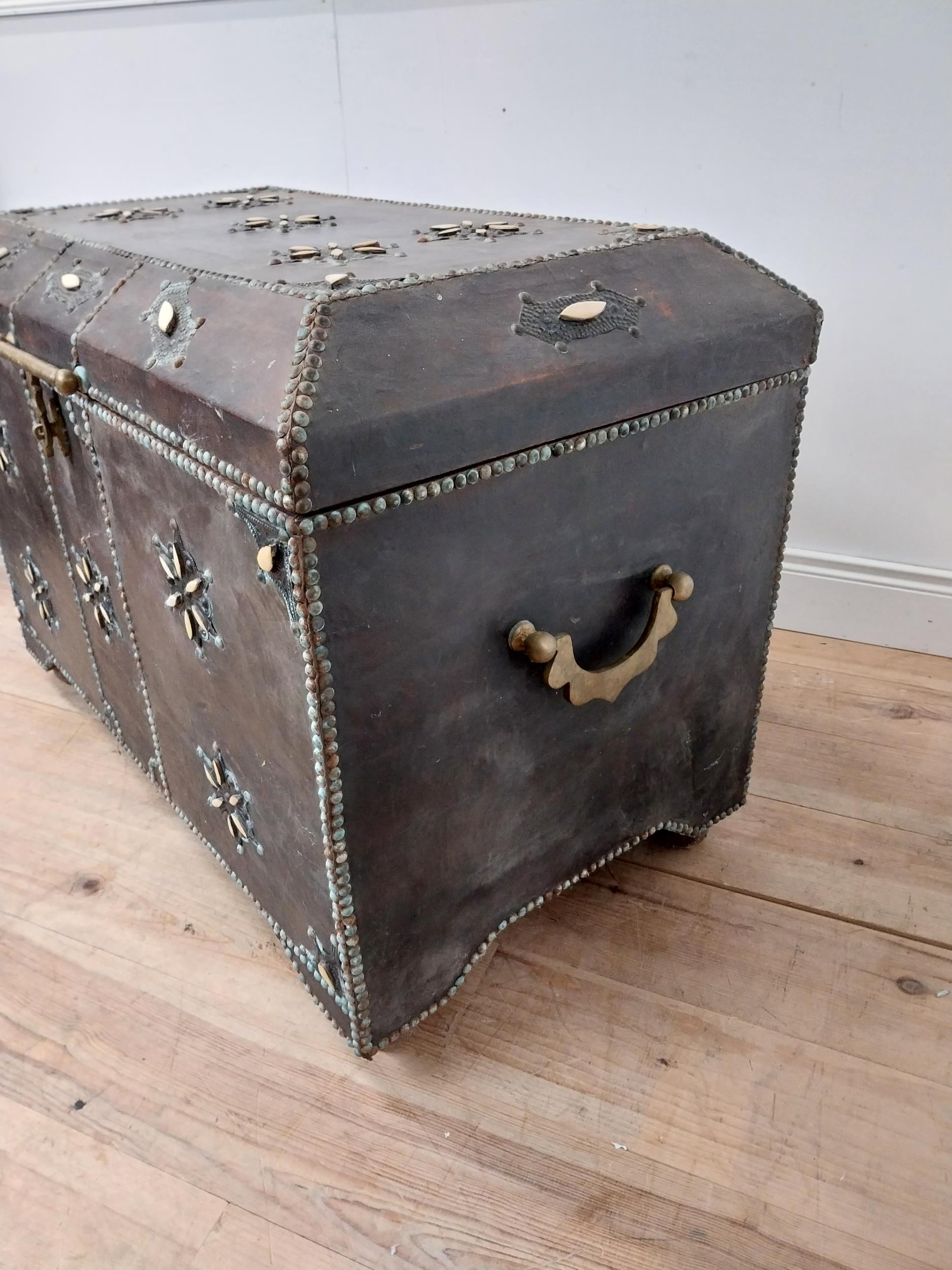 Unusual 20th C. leather bound trunk with brass studded detail {72cm H x 100cm W x 60cm D} - Image 3 of 5