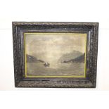 Oil on canvas Boat scene mounted in a black frame {72 cm H x 90 cm W}.