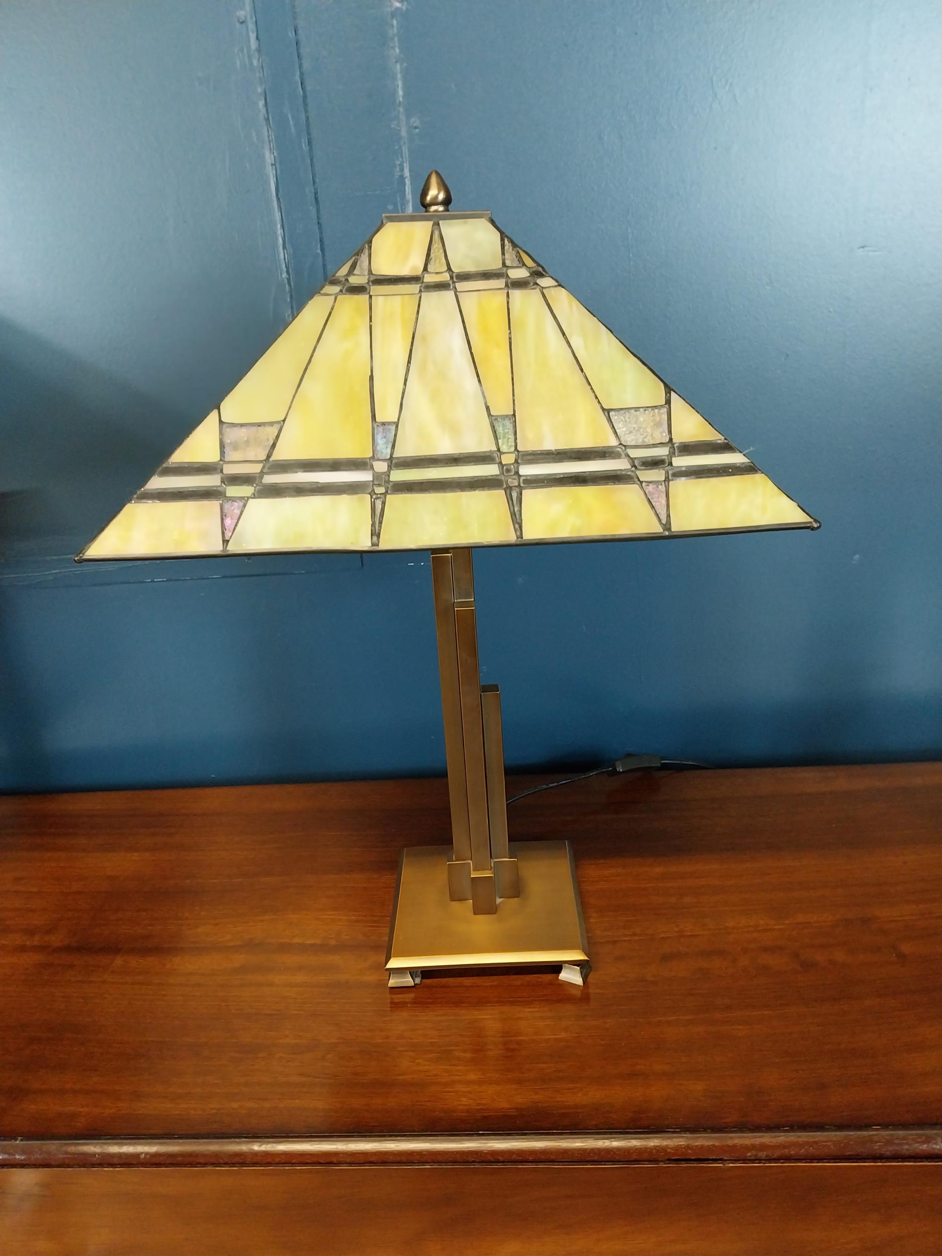 Pair of bronzed metal table lamps with stained glass leaded shades in the Art Deco style {61 cm H - Image 2 of 4