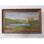 Early 20th C. oil on board Mountain scene mounted in gilt frame {40 cm H x 63 cm W}.