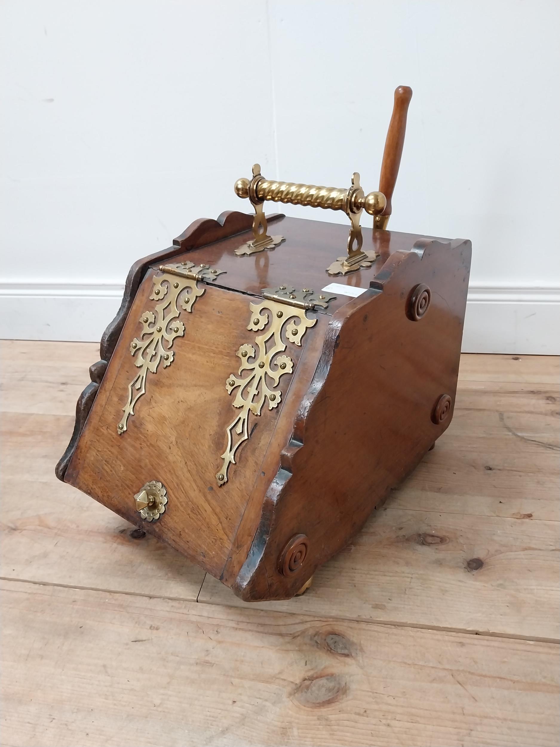 Edwardian mahogany and brass mounted coal scuttle {54 cm H x 32 cm W x 48 cm D}.