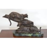 Bronze model of Tigers mounted on marble base {30cm H x 52cm W x 18cm D}.