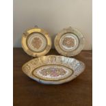 Pair of Derby gilded ceramic plates decorated with flowers { 18.5cm Dia and 14.5cm Dia } and a Derby