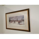 Peter Curling Horses Grazing in Winter framed coloured print { 56cm H X 82cm W }.